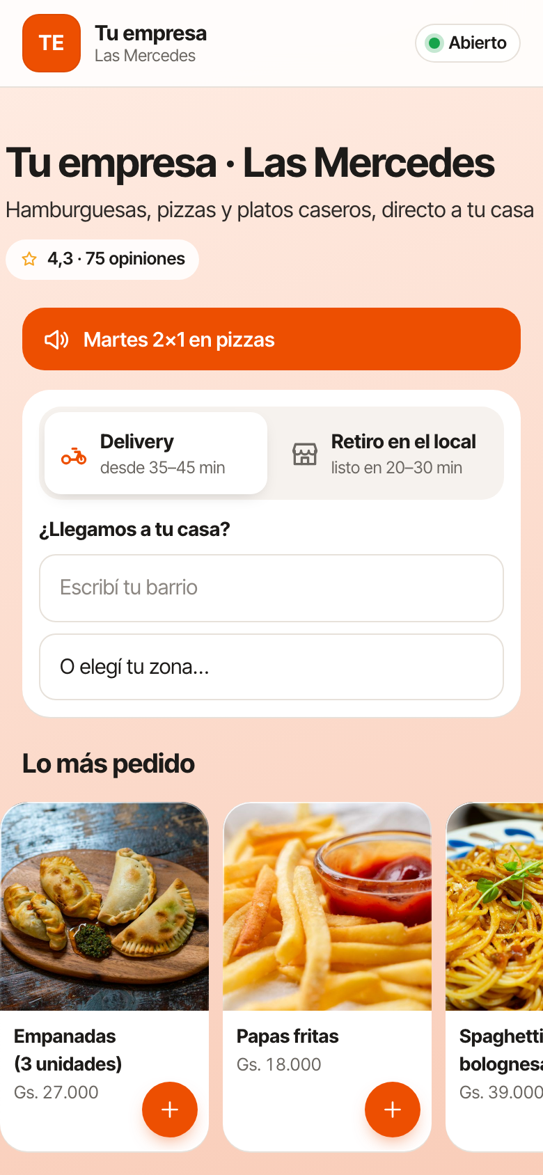 Página de pedidos en el celular